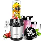 Cosori Standmixer Blender Smoothie Maker, Ice-Crusher 1000W, 23.000 U/min, Mixer mit 6 Edelstahlmesser, Inkl. 3 BPA-freie Tritan-Trinkflasche und Reinigungsbürste, Schwarz/Silber